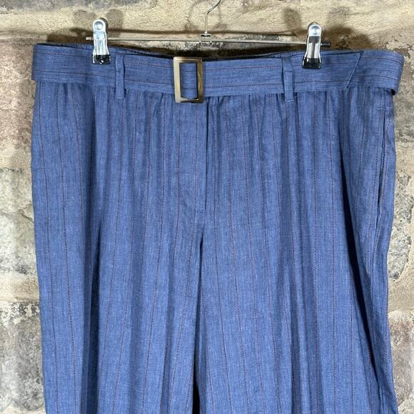 J. Jill Linen Stretch Pants Women Large Blue Brown Stripe Wide Leg Belted - Picture 2 of 14